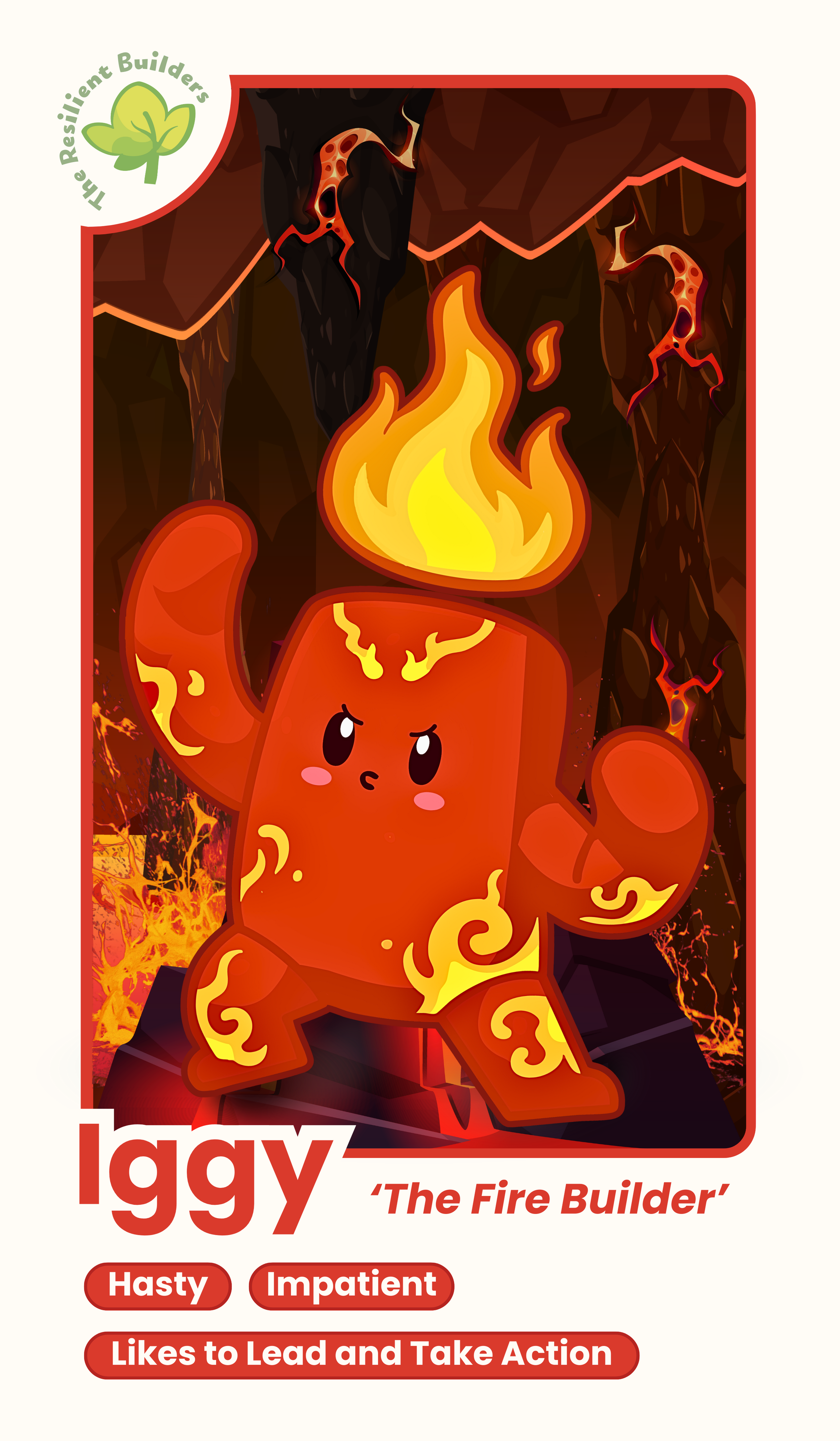 A cartoon character named Iggy, called 'The Fire Builder', is a fiery, anthropomorphic figure with flames on its head, arms, and legs, standing in a volcanic or fiery background with lava and dark, jagged rocks.
