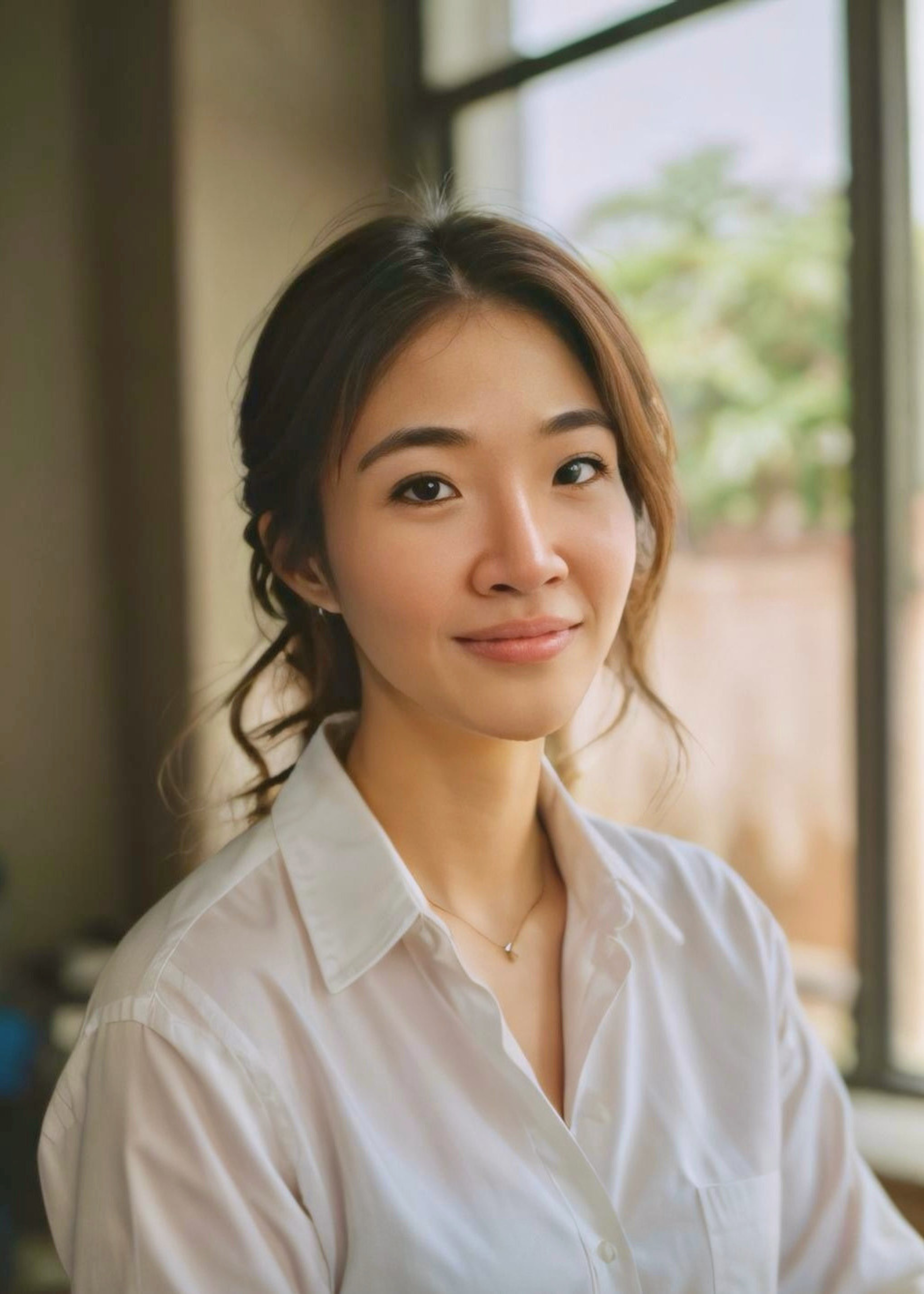 A young woman with shoulder-length, wavy brown hair, wearing a white button-up shirt and a delicate necklace, sitting near a window with green trees visible outside.