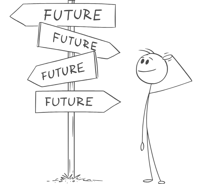 A smiling stickman scratching his head while looking at a signpost with multiple 'Future' direction labels facing different ways