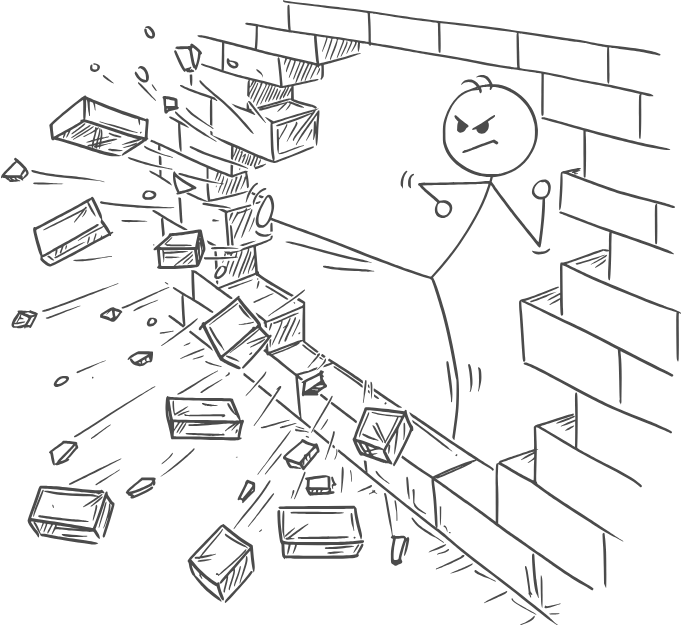 A tough-looking stickman breaking through a wall with his kick