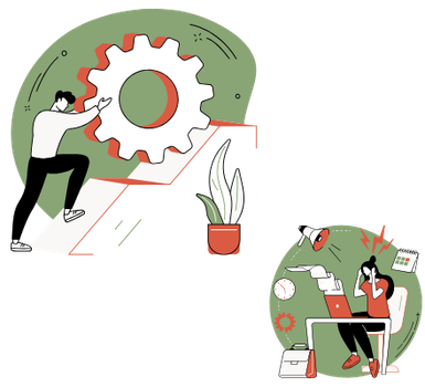 A man persevering to push a gear uphill and a woman stressed out about multiple demands