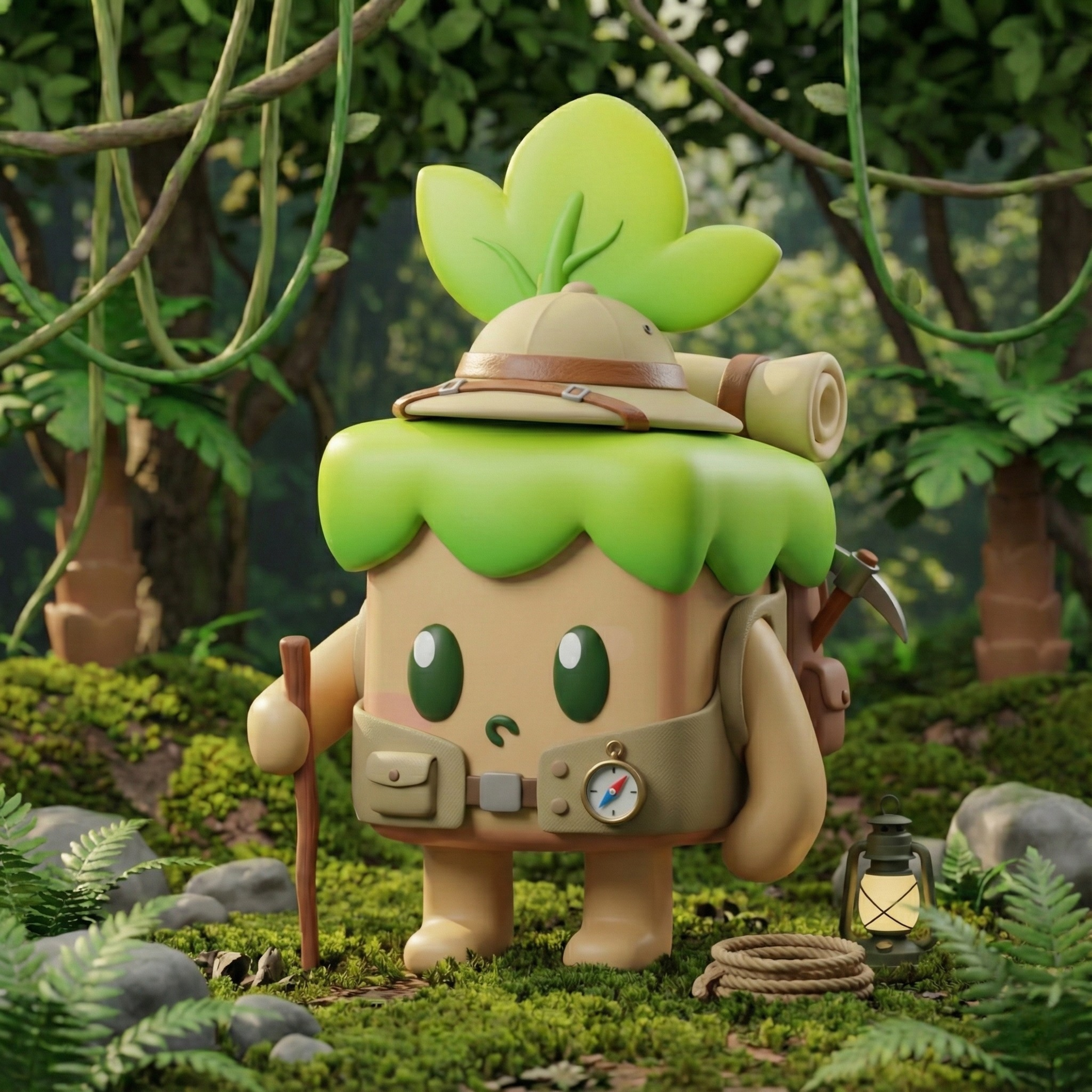A cartoon-style animated character resembling a piece of toast with a green leafy top, hiking gear, and large expressive eyes, standing in a forest setting.