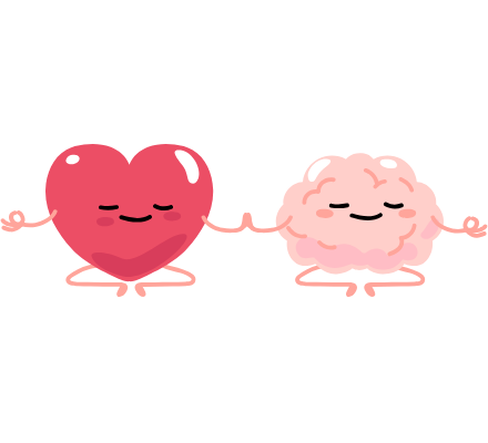 A cartoon heart and a cartoon brain meditating together