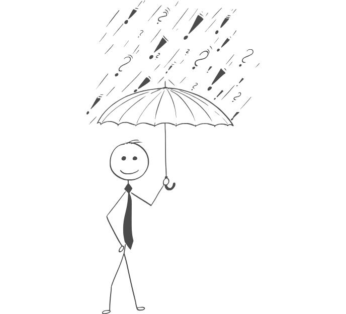 A smiling stickman holding an umbrella to shield himself from uncertainties represented by exclamation marks and question marks