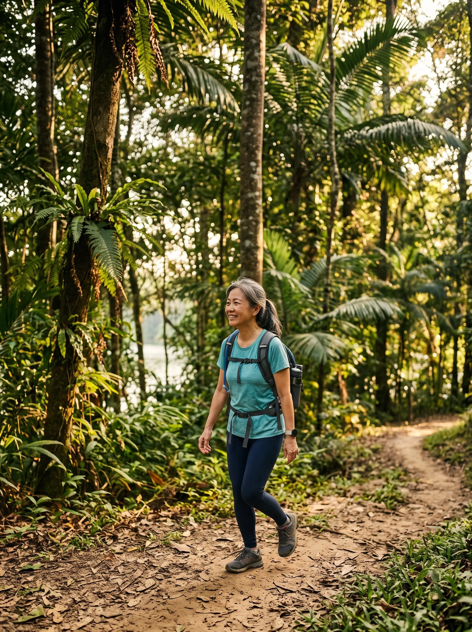 A woman hiking on a dirt trail through a lush green forest, smiling and looking ahead, wearing a teal shirt, black leggings, hiking shoes, and a backpack.