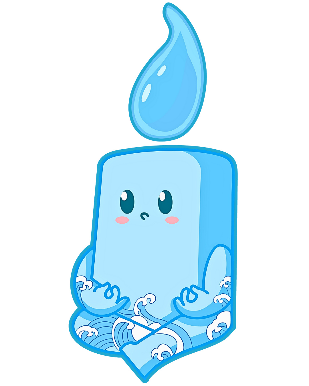 A cute cartoon ice cube with a face, sitting in water with waves, and a large water droplet above its head.