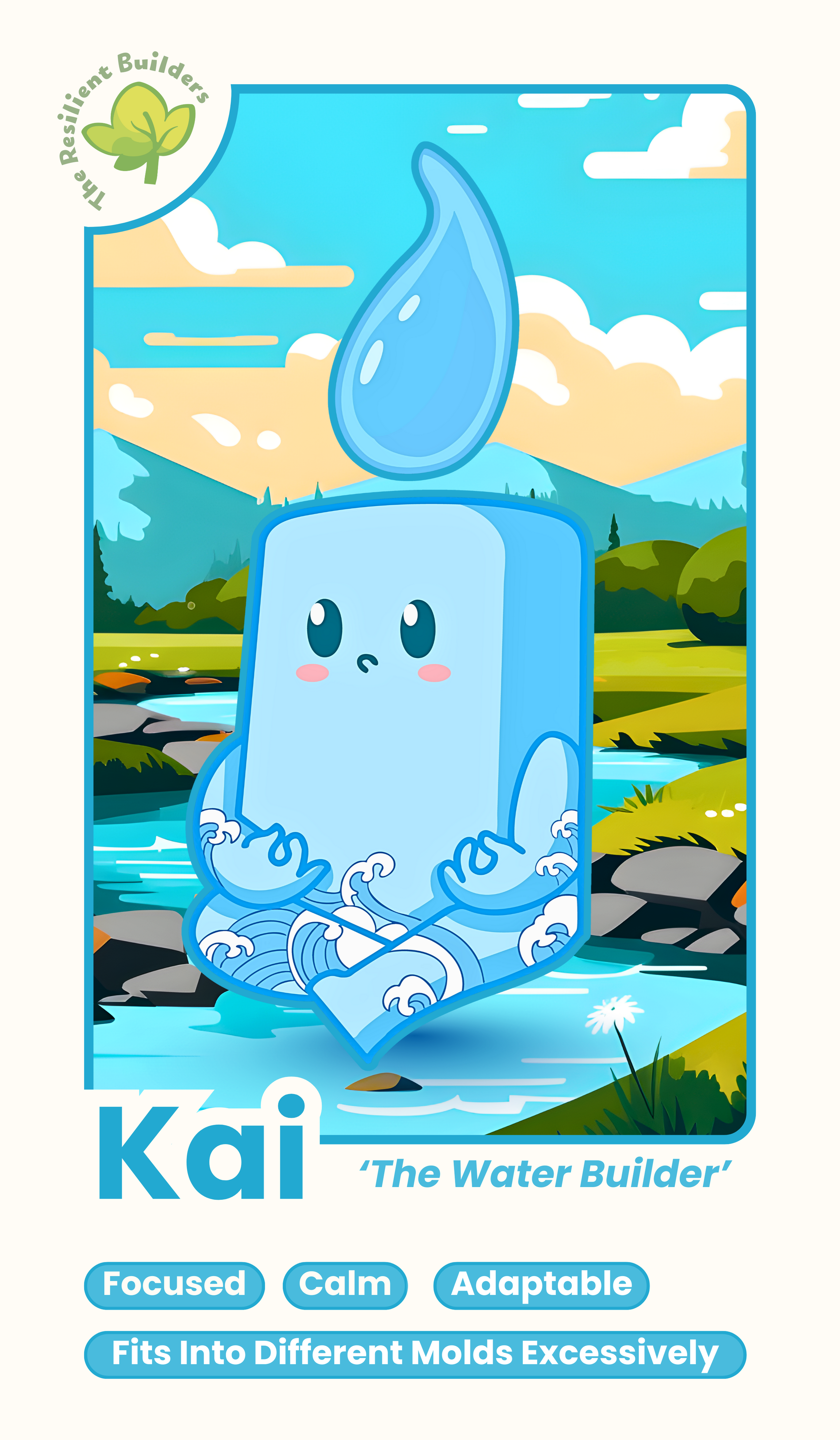 A cartoon water cube character named Kai with a water droplet on its head, set in a nature landscape with mountains, trees, a river, and cloudy sky, promoting water conservation and resilience.