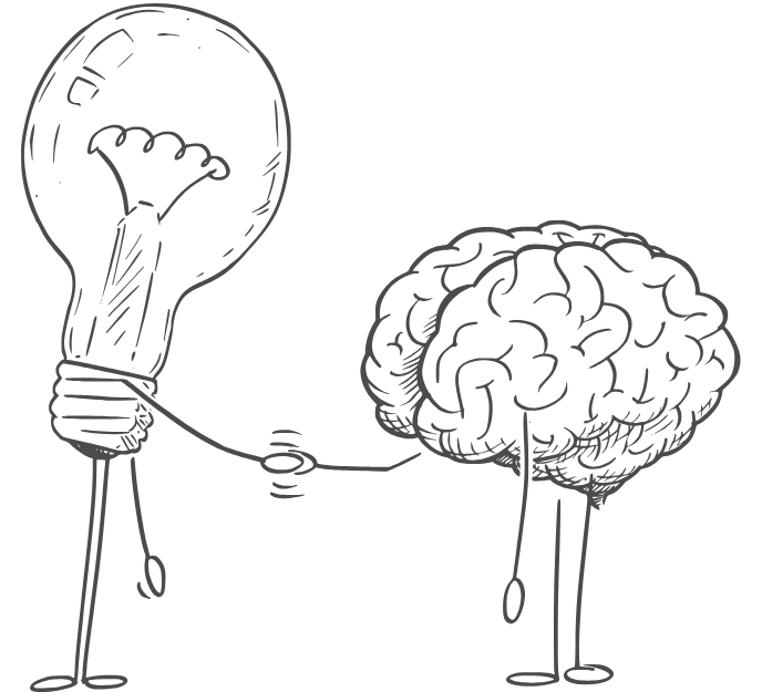 A sketch of a lightbulb and brain shaking hands