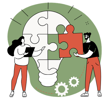 A man and woman putting puzzle pieces together into the shape of a lightbulb