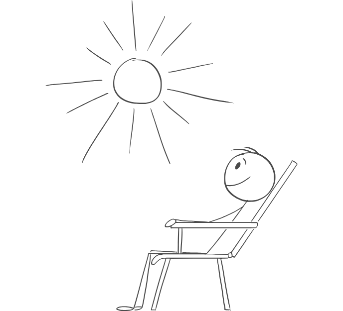 A smiling stickman seated on a lounge chair with a sun on the top left