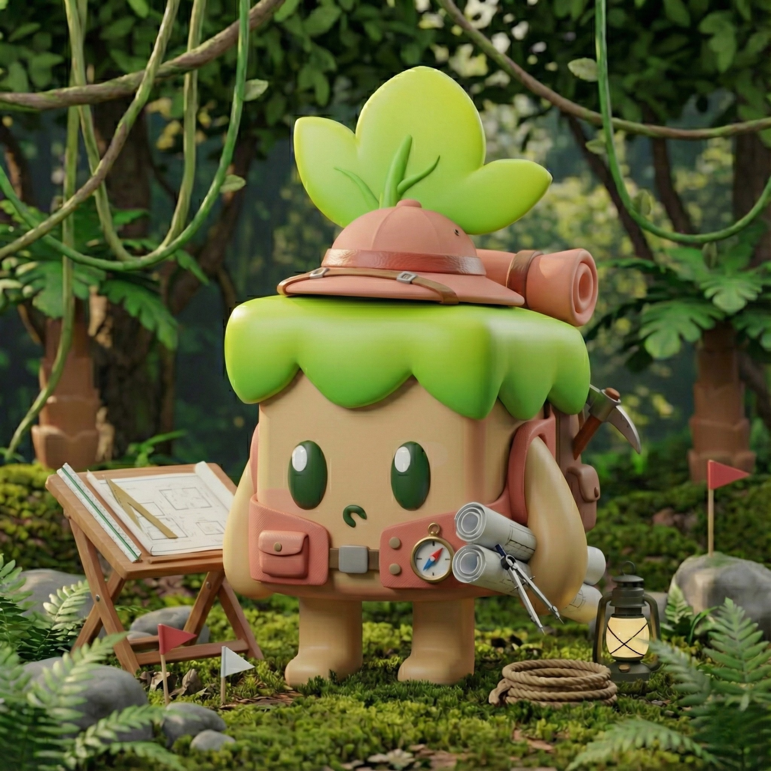 Cartoon character resembling a tree with a green leaf hat, backpacks, a compass, map, pickaxe, rolled-up paper, lantern, and camping gear, in a forest setting with plants, rocks, and flags.
