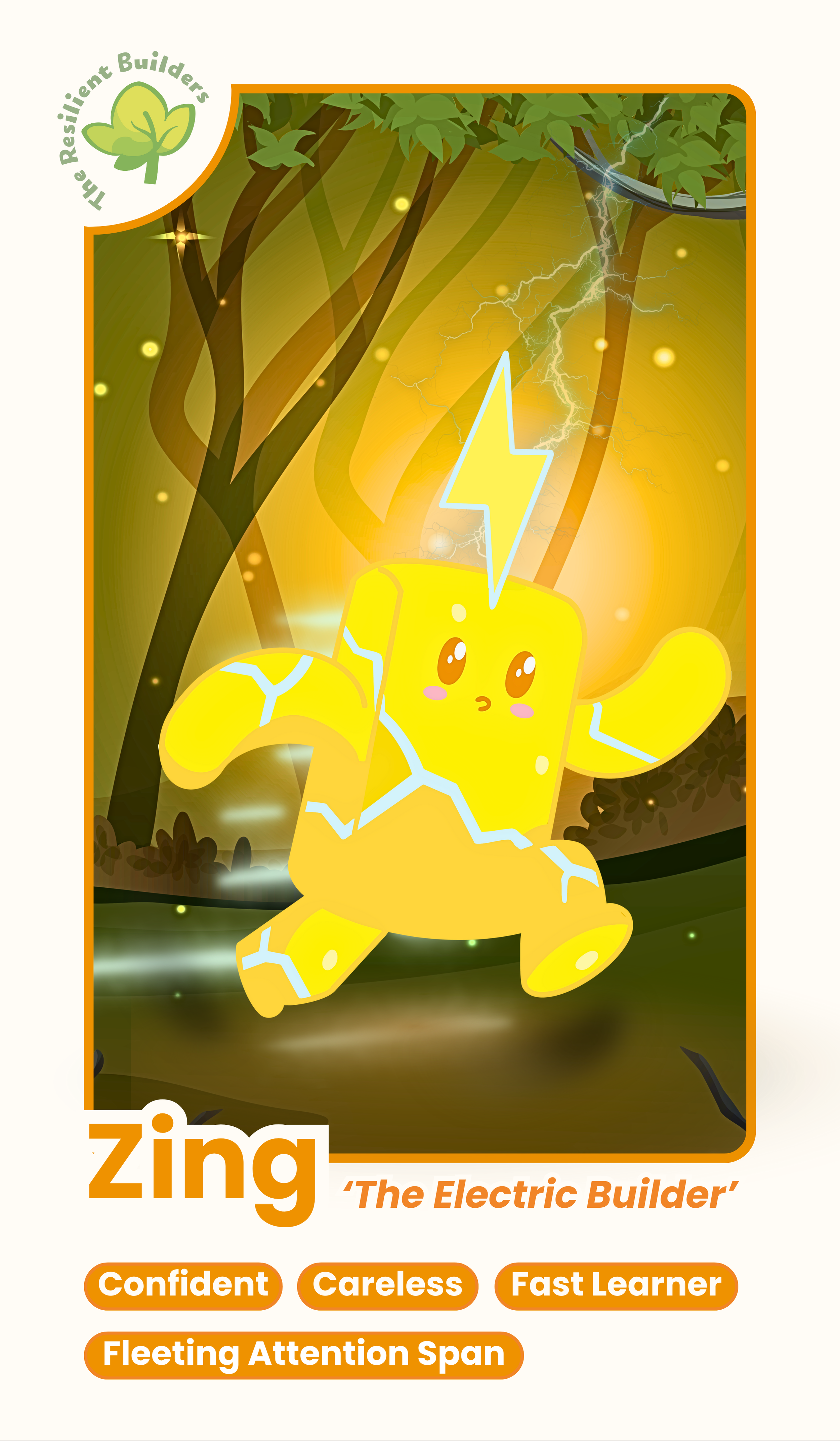 A cartoon lightning bolt character, dubbed the Electric Builder named Zing, standing in a forest with lightning and stormy weather in the background.