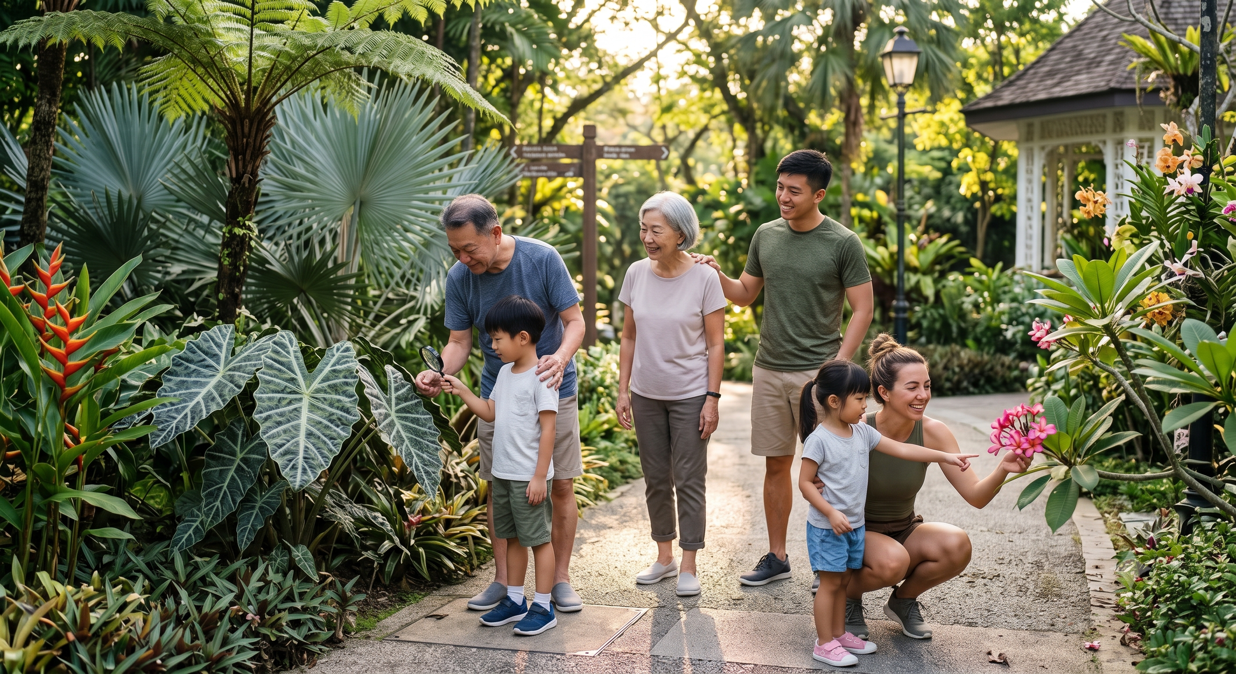 A group of six people, including children and adults, are exploring a lush garden filled with various green plants and flowers, with a lamppost and a white gazebo in the background, during what appears to be late afternoon or early evening.
