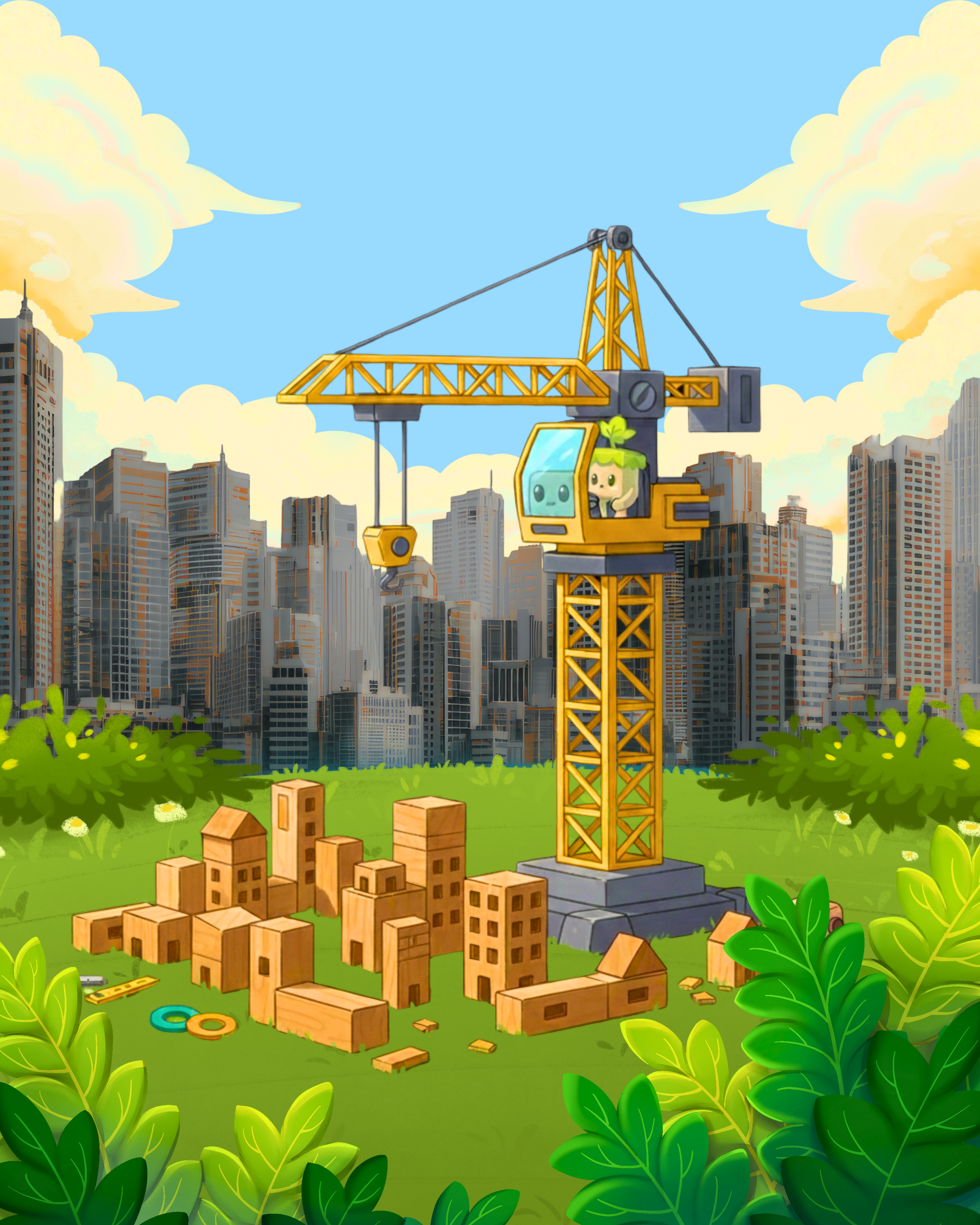 Animated cityscape with a crane and building blocks on a construction site in a park, skyscrapers in the background, with green bushes and a blue sky with clouds.