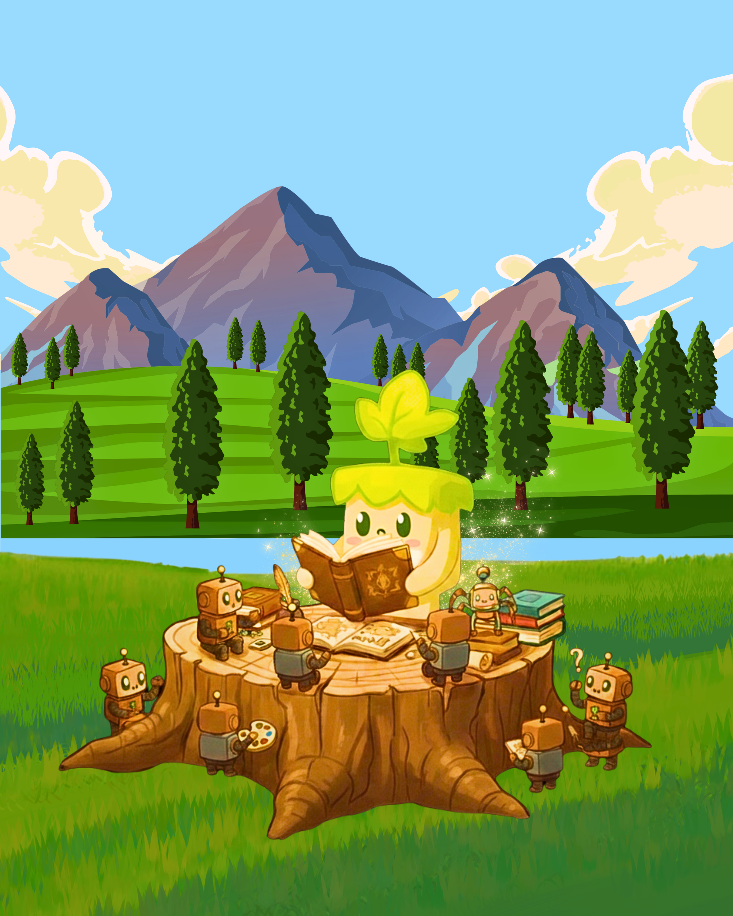 A cartoon scene of a forest with mountains in the background. In the foreground, a cute plant-like creature with a leaf on its head is reading a book on a tree stump. Small robots with books and art supplies are gathered around the stump, suggesting a learning or creative activity.