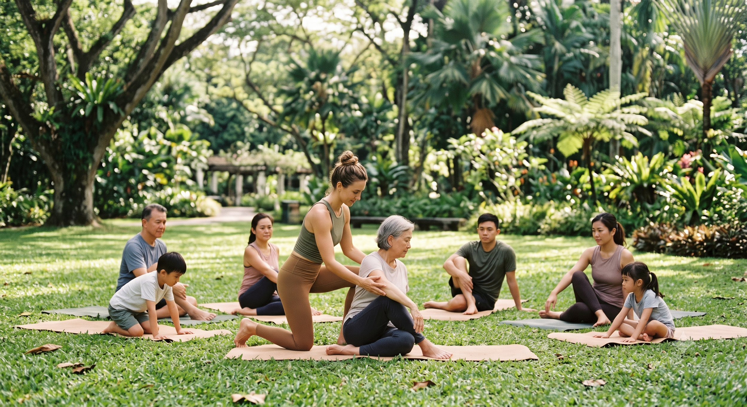 Group of people participating in outdoor yoga class in a park, with an instructor assisting an elderly woman, surrounded by lush trees and greenery.