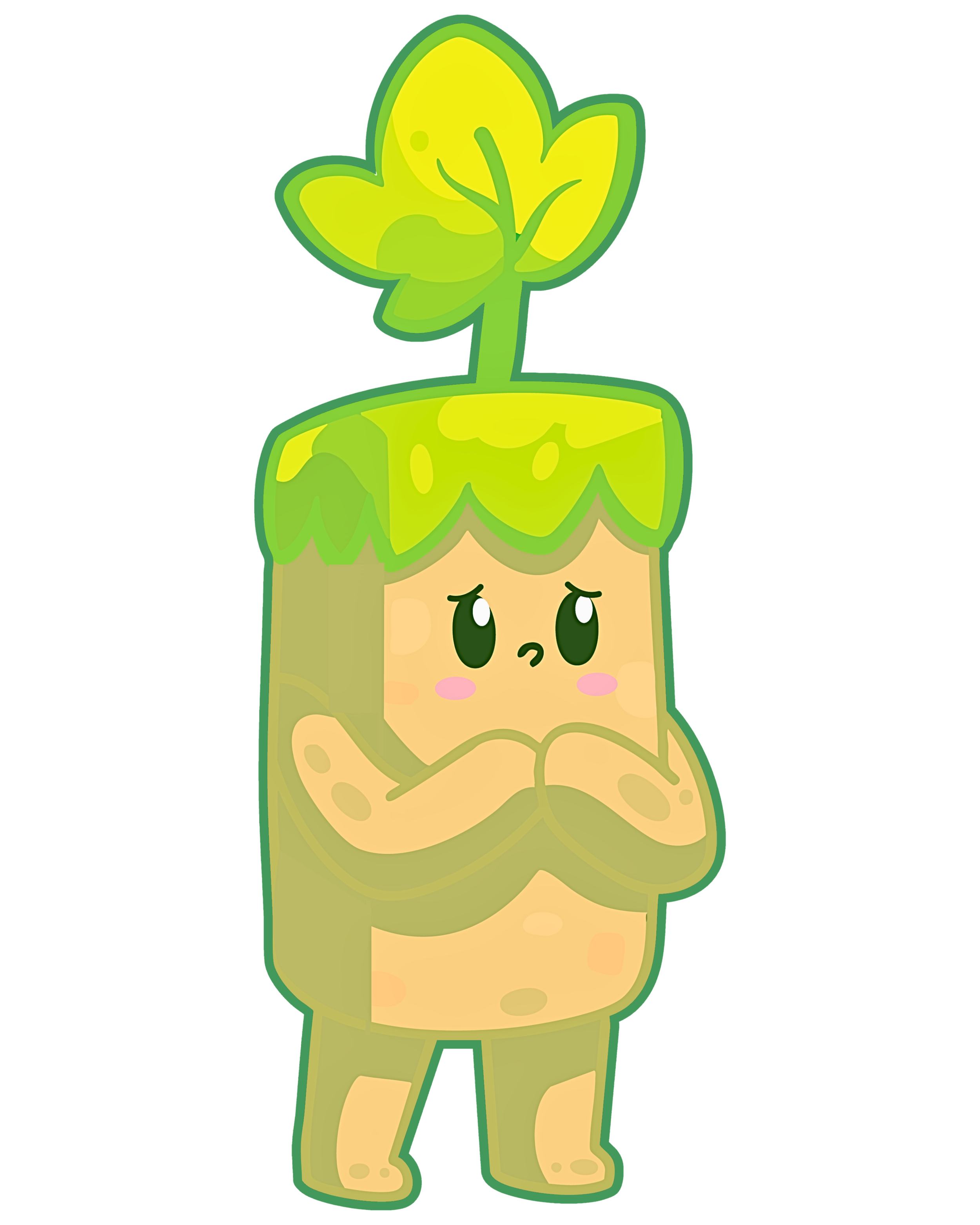 A cartoon character of a small, chubby green humanoid with a plant sprout on its head, crossing its arms and looking pensive.