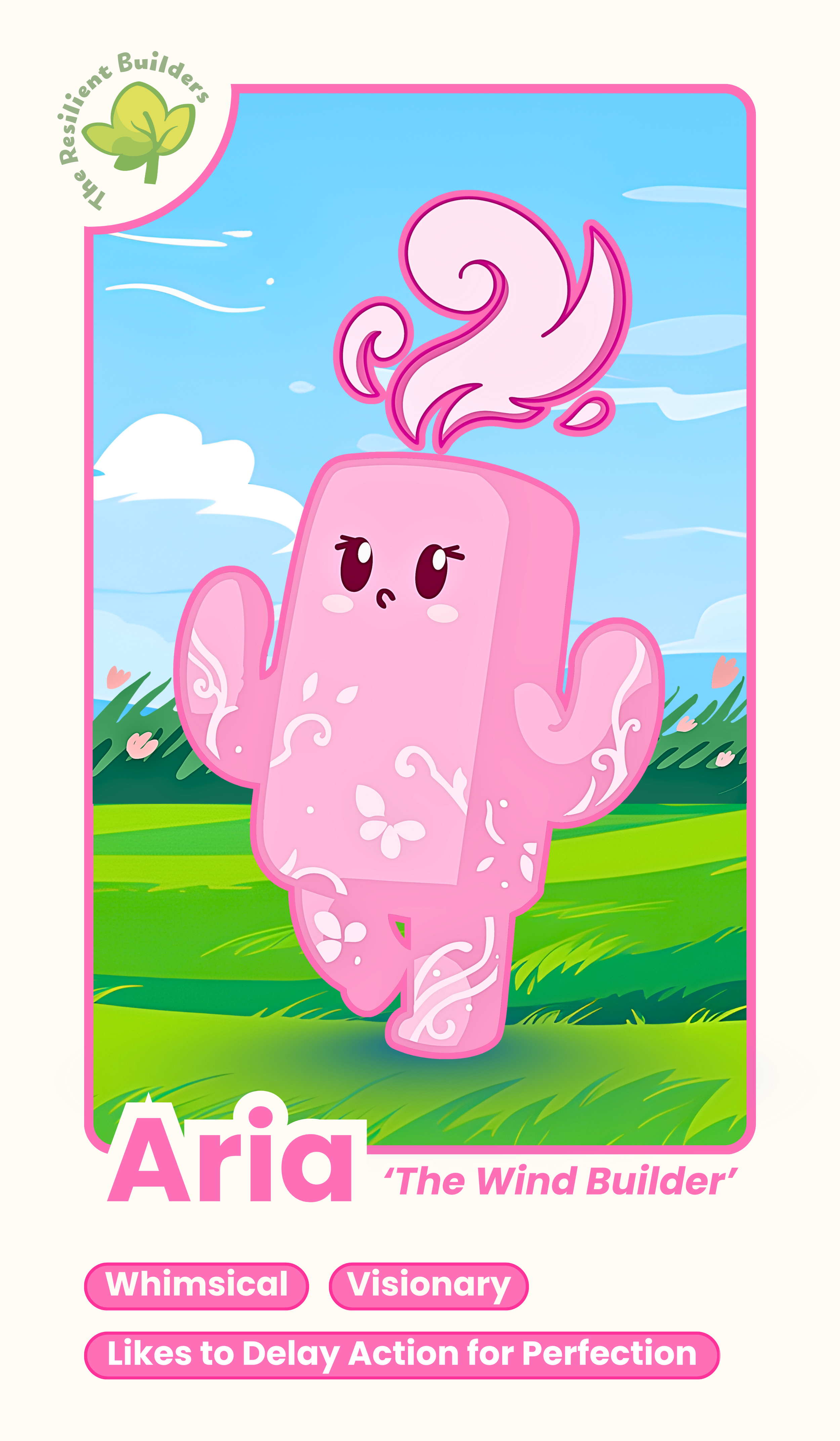 A whimsical pink cartoon character named Aria, 'The Wind Builder', with a rectangular body, expressive eyes, and swirling wind on her head, standing in a green field with hills and a blue sky with clouds in the background.
