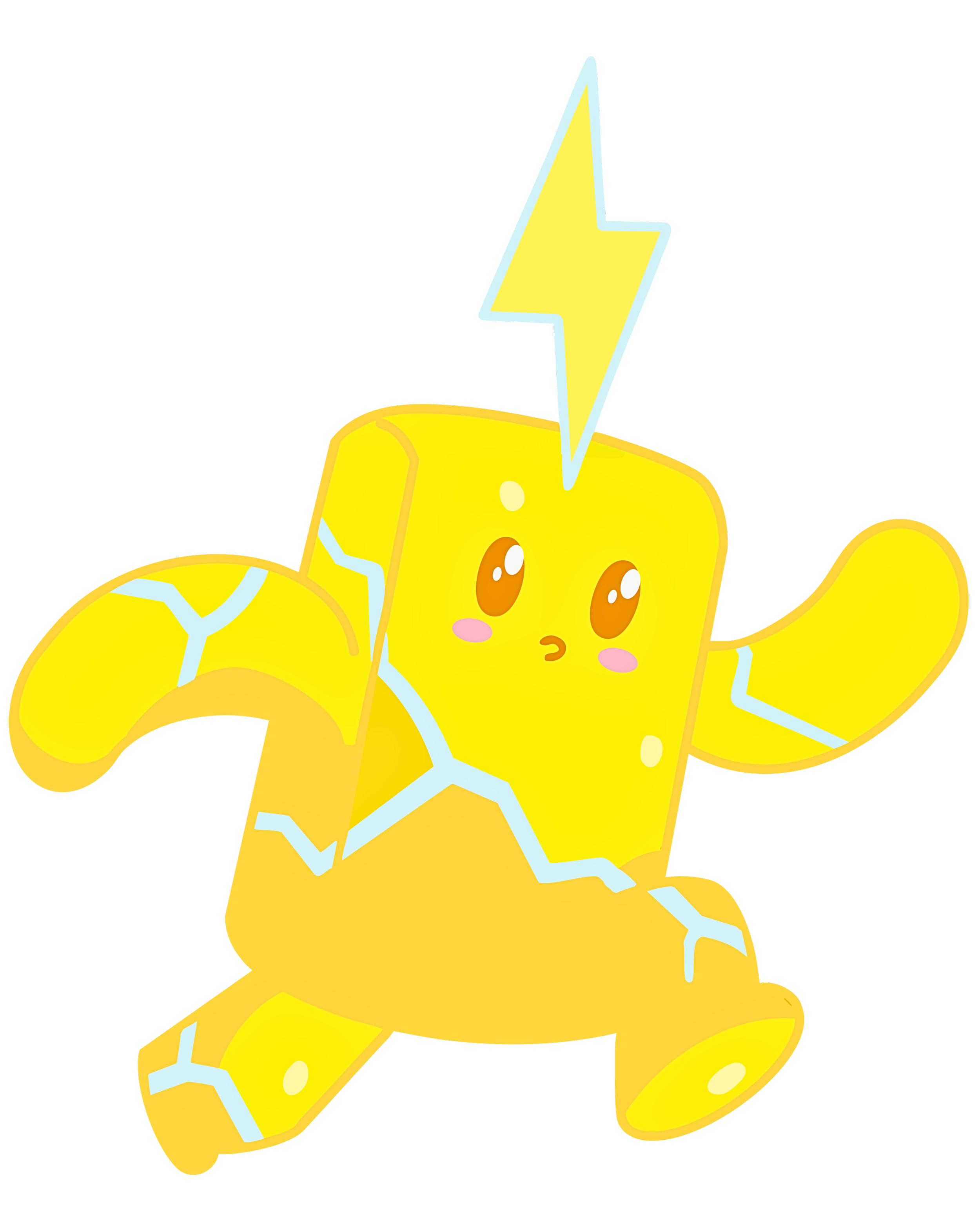 Cartoon character resembling a yellow star-shaped creature, with cracks and a lightning bolt on its head, arms, and legs, featuring a worried expression with wide eyes and blush on its cheeks.