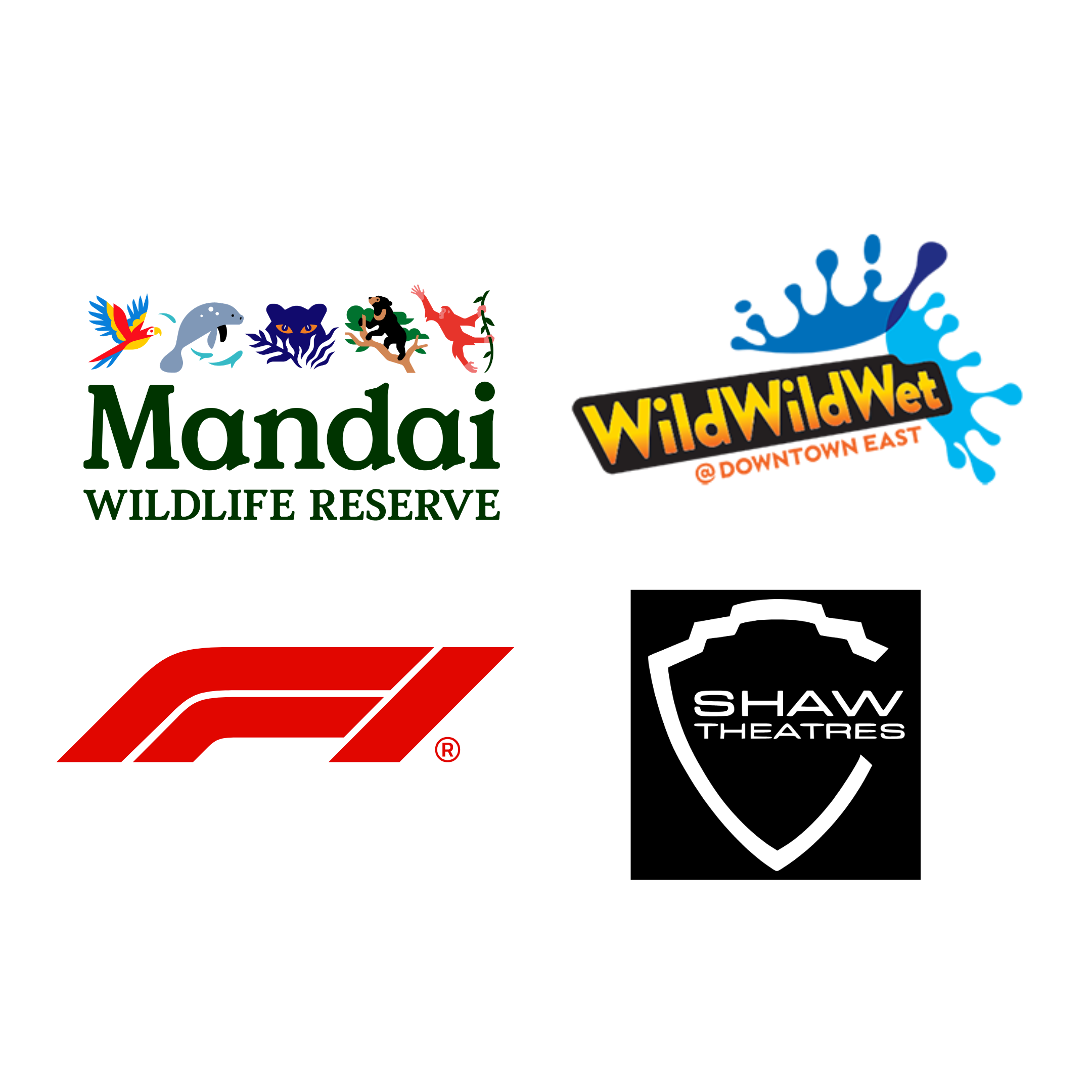Logos of Mandai Wildlife Reserve, Wild Wild Wet, F1, Shaw Theatres