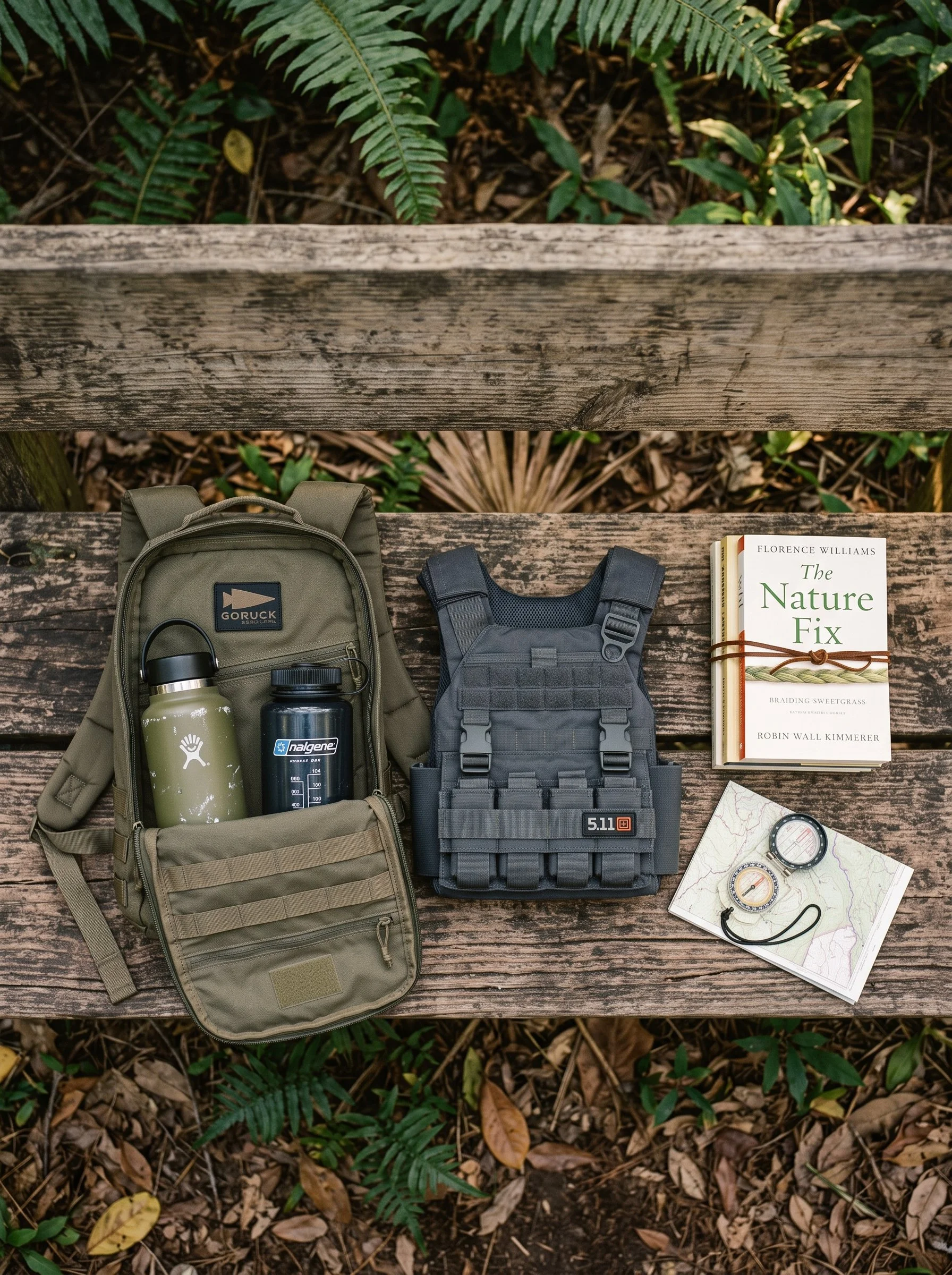 A wooden park bench with three packs of outdoor gear and a book, surrounded by ferns and fallen leaves.