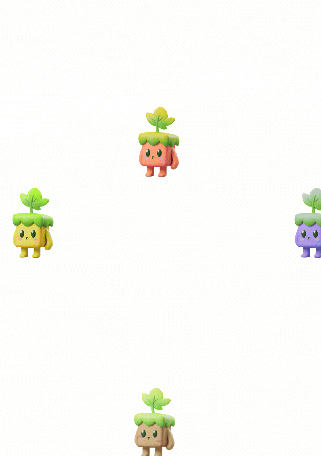 Colorful toy character resembling a small creature with a plant sprout on its head, surrounded by similar characters in different colors, set against a white background.