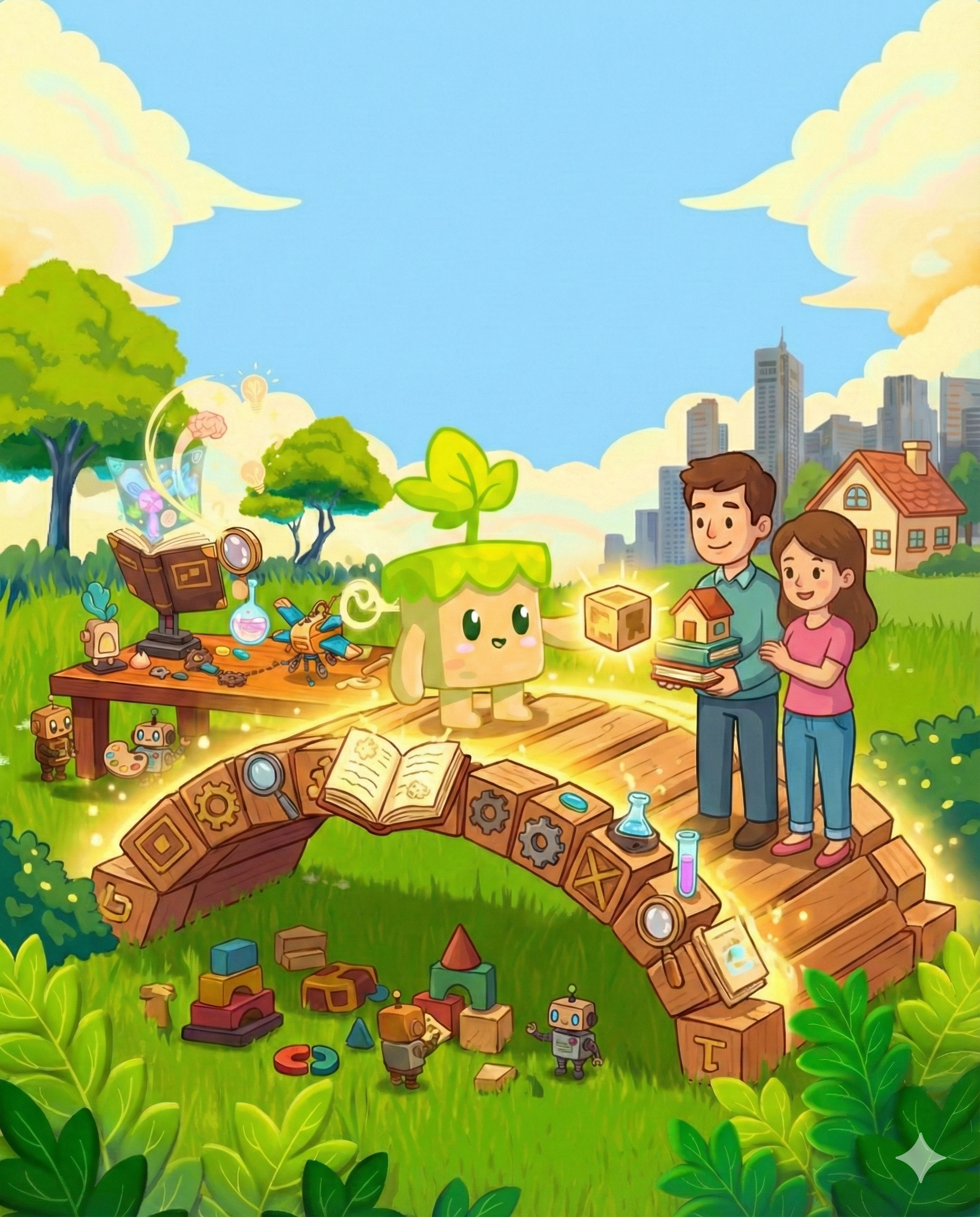 A cartoon scene showing a happy, personified tree character with a leaf on its head, sharing a glowing cube with a man and woman holding books. Surroundings include books, laboratory equipment, small robots, and building blocks in a lush green outdoor area with trees and cityscape in the background.