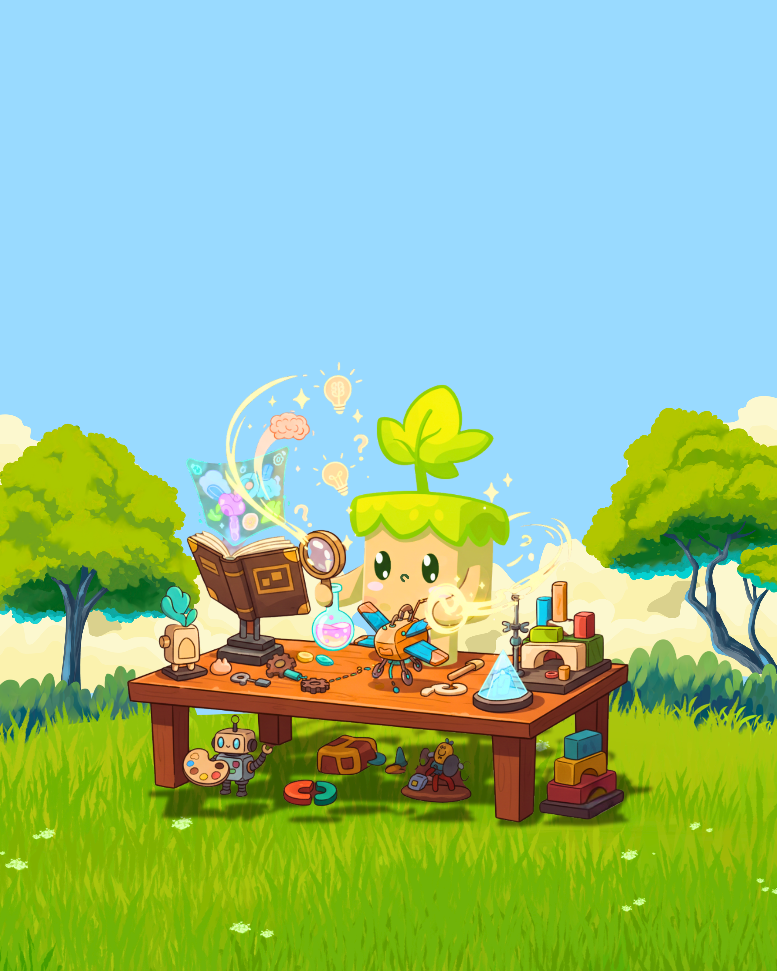 Cartoon scene with an adorable plant character at a scientific craft table outdoors, surrounded by toys, tools, and colorful materials, with trees and a blue sky in the background.