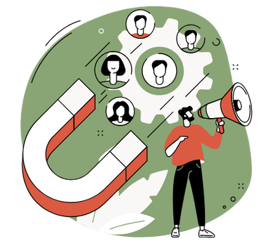 A man on a megaphone and magnet attracting people