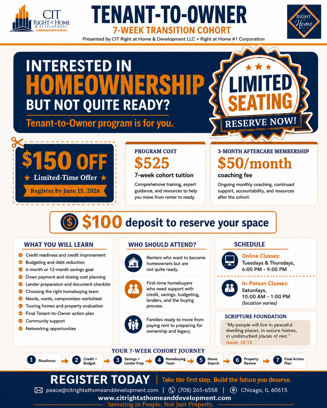 A promotional flyer for a tenant-to-owner program offering a 7-week transition cohort, with details about costs, schedule, benefits, and eligibility.