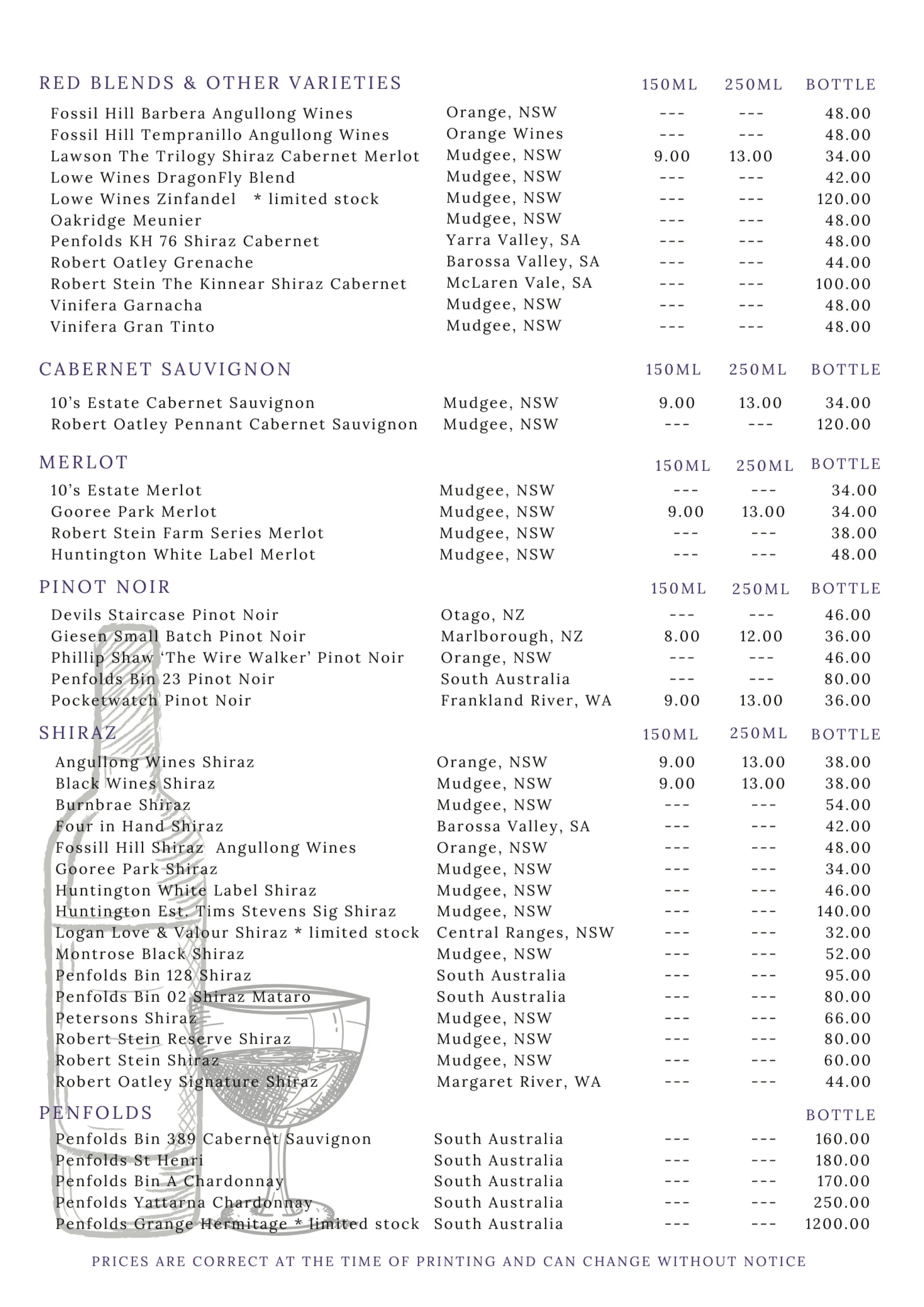 A wine price menu listing various red blends, cabernet sauvignon, merlot, pinot noir, shiraz, and penfolds wines with prices for 150ml, 250ml, and bottles.