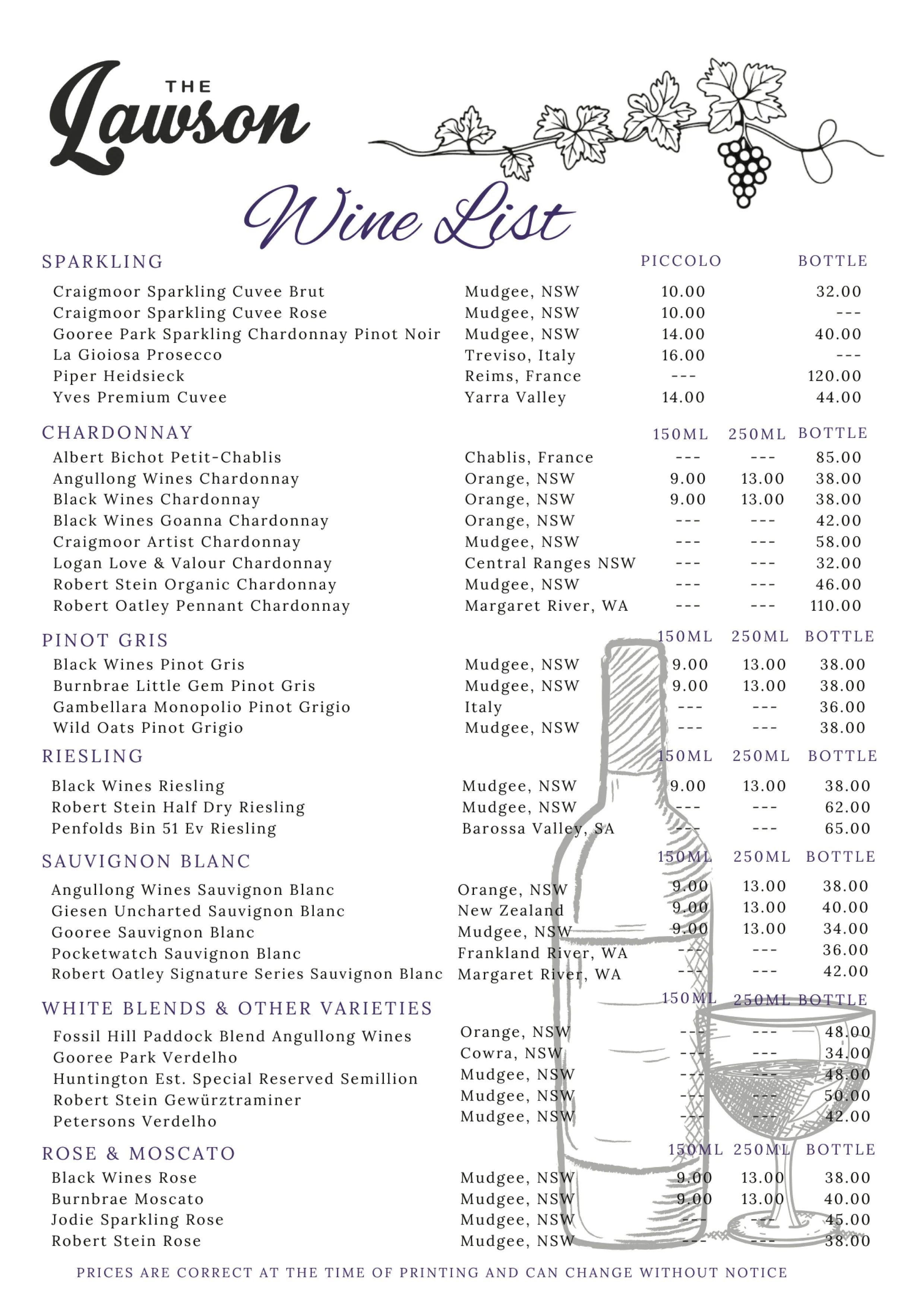 Wine list from The Lawson featuring sparkling, chardonnay, pinot gris, riesling, sauvignon blanc, white blends, rosé, and moscato with wine options, origins, and prices.