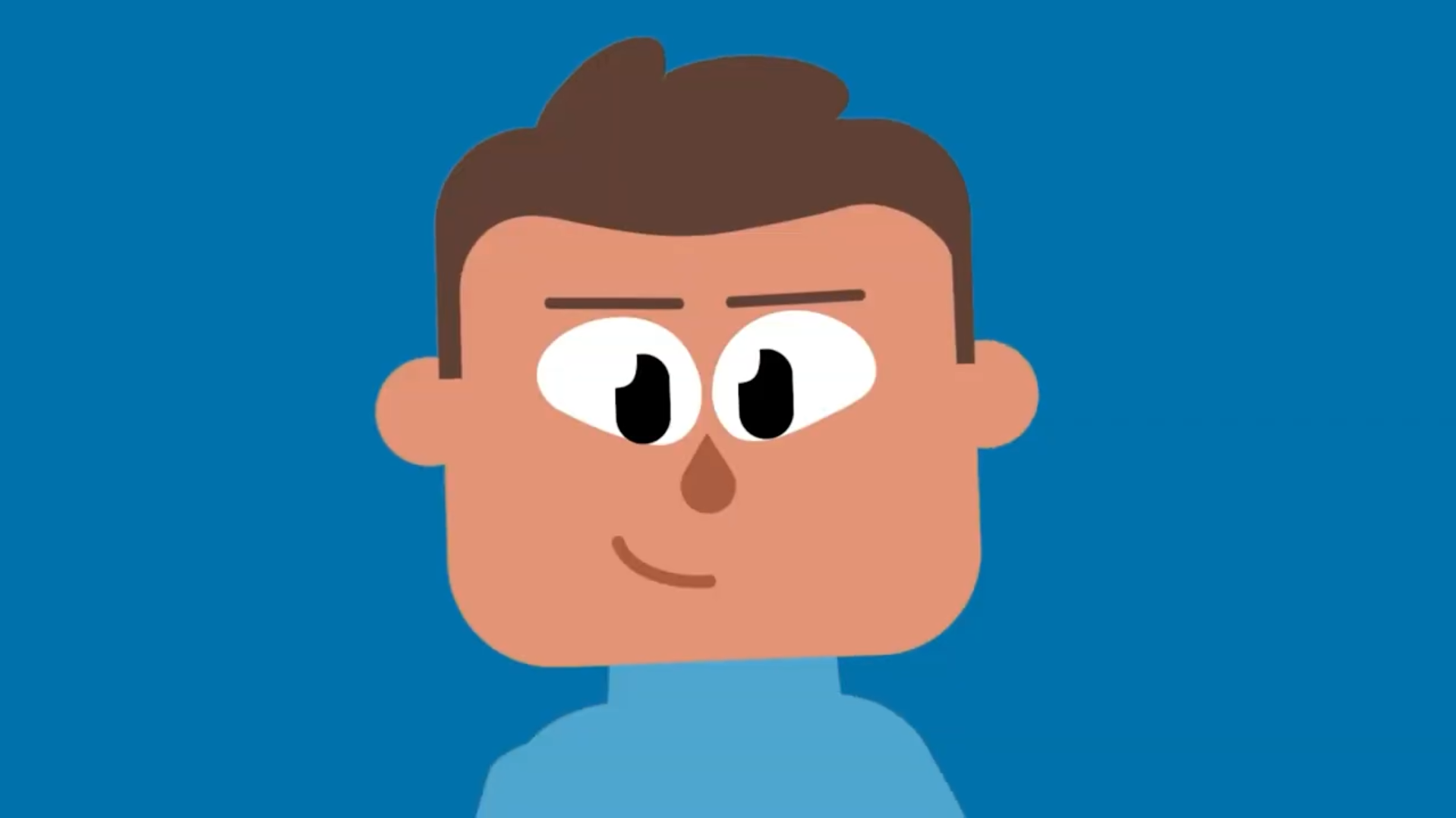 Animated cartoon boy with brown hair and big eyes, smiling against a blue background.