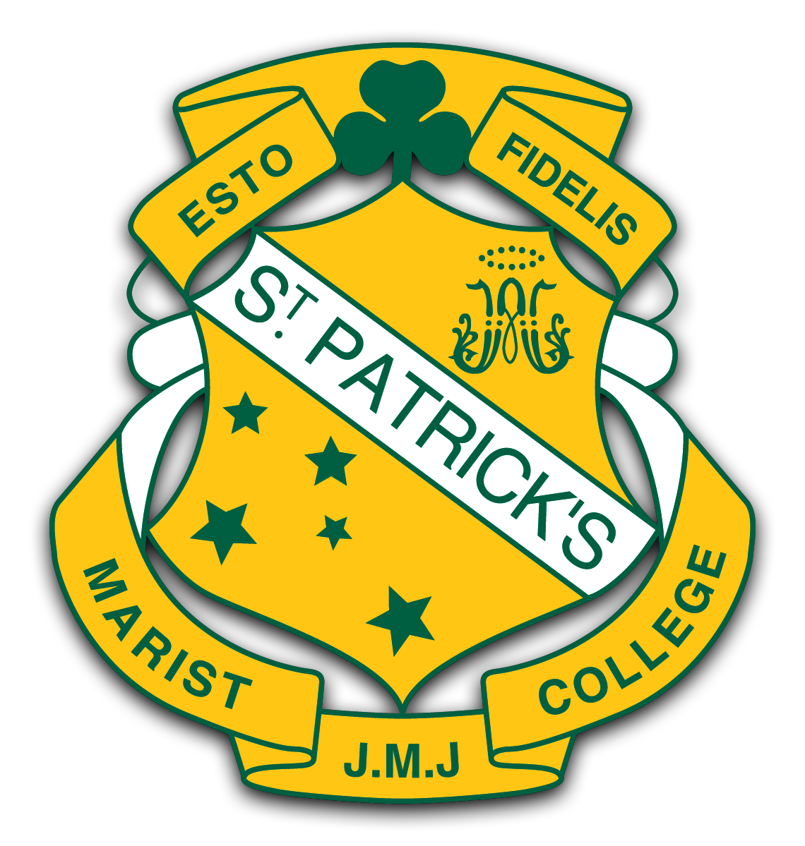 The emblem of St. Patrick's Marist College features a shield with a green shamrock, a yellow ribbon at the top with the Latin motto "Esto Fidelis," and a white banner across with the school's name. The shield is decorated with five black stars, and the lower part has a yellow scroll with the initials "J.M.J."