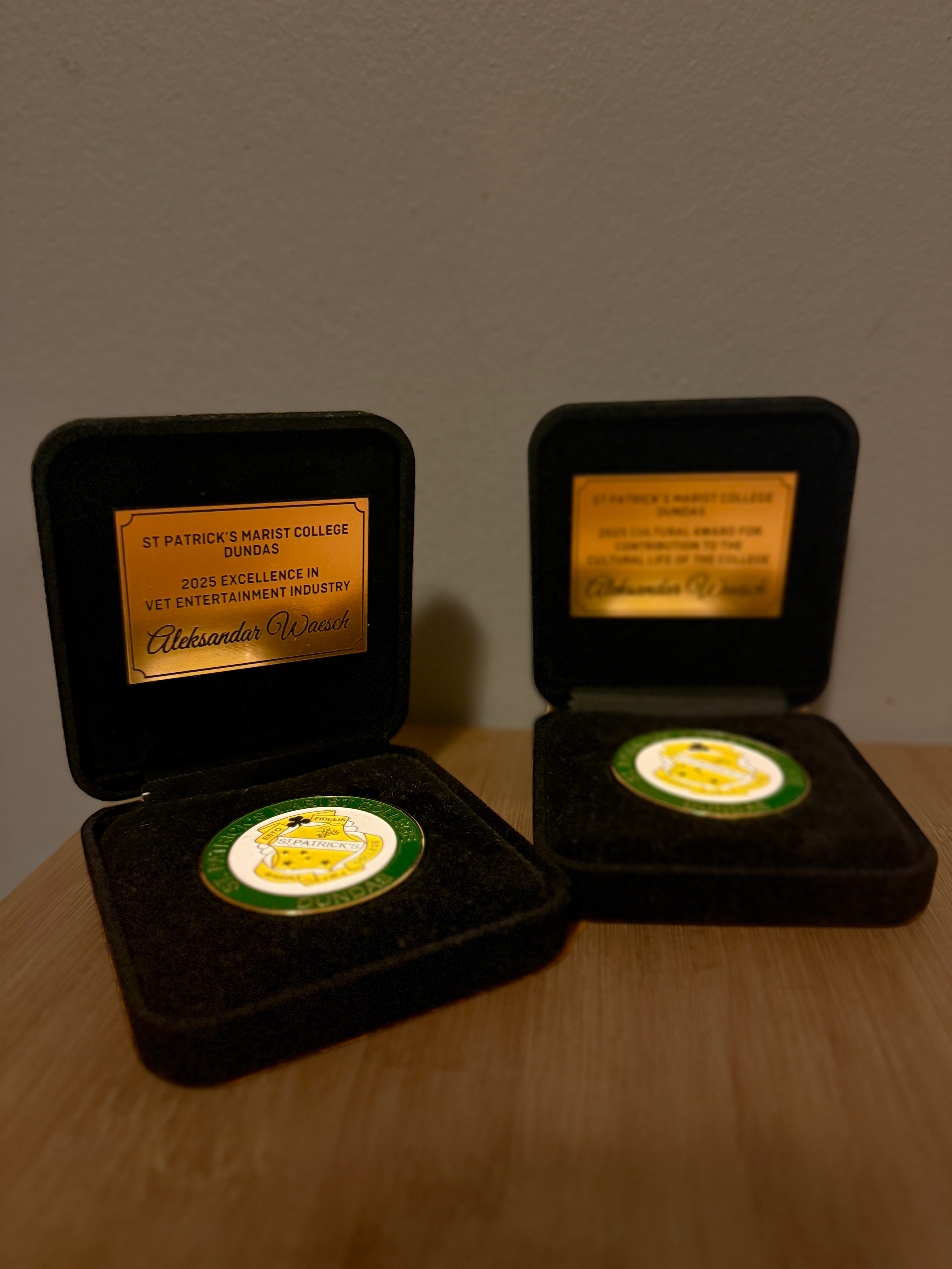 Two black award cases on a wooden surface, each containing a medal with a green border and a yellow and white emblem, and a plaque inside the lid with gold background and black text, honoring Aleksandar Wasek for excellence in the veteran entertainment industry.