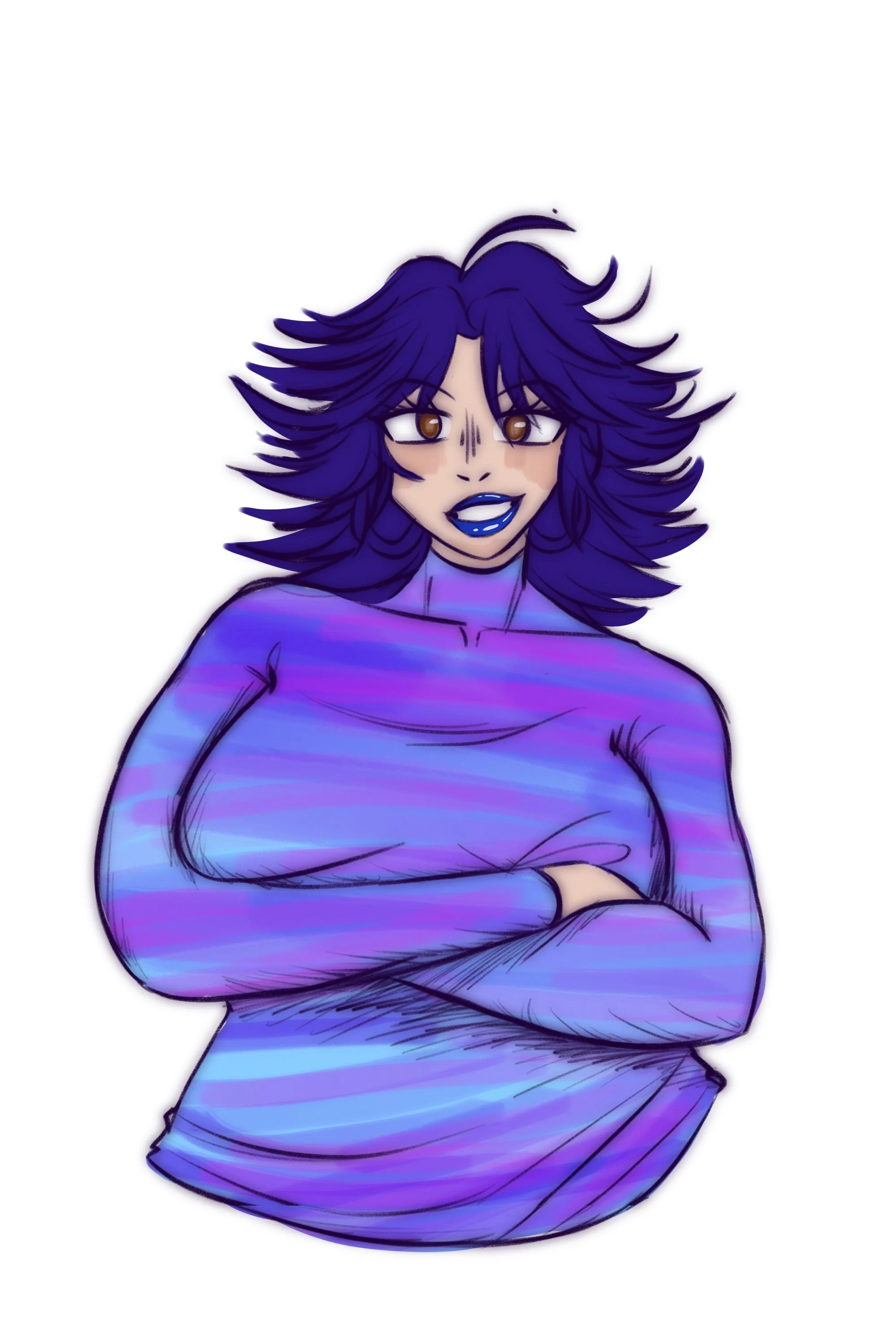Digital art drawing image of the author. The author has dark purple hair with a purple, pink, and blue shirt. The author is seen smiling with their arms crossed over their chest.