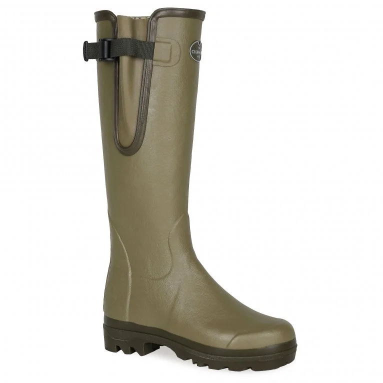 Olive green rubber rain boot with a black strap and logo near the top