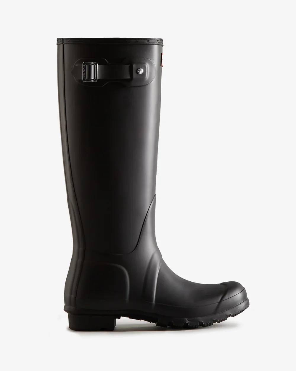 A black leather riding boot with a buckle and zipper detail on a white background.