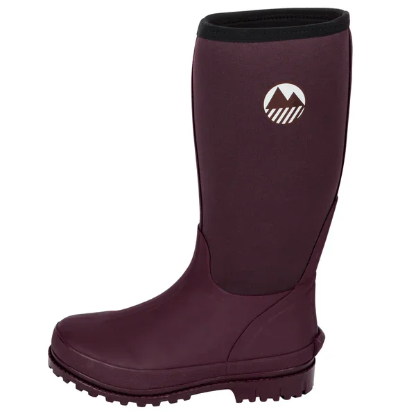 A maroon rubber waterproof boot with a black top and a mountain logo on the upper part.