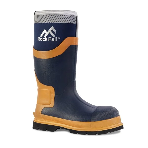 A blue and yellow waterproof rubber boot with the brand name Rock Fall and a logo of mountains on the upper part.