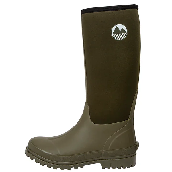 Green rubber boot with a dark upper panel and a round logo featuring mountains and stripes.