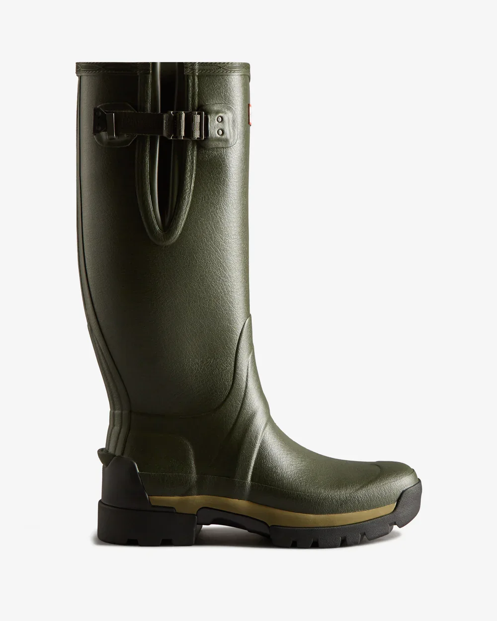 Green rain boot with black sole and buckle detail against a plain background.