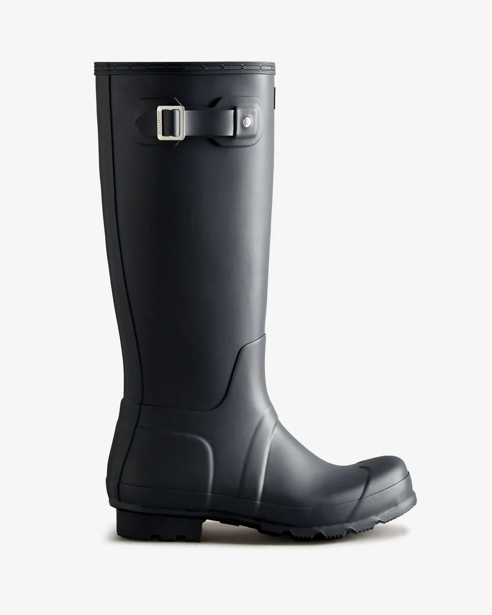 A black rubber rain boot on a white background.