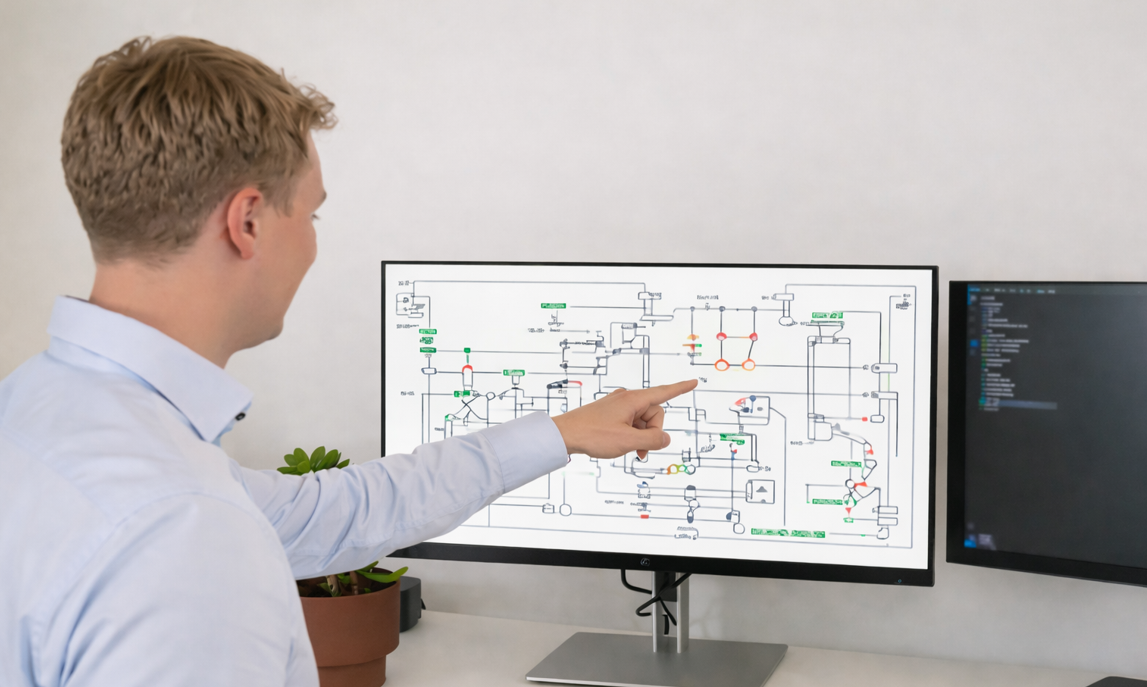 A man in a white shirt points at a technical schematic diagram on a computer monitor.