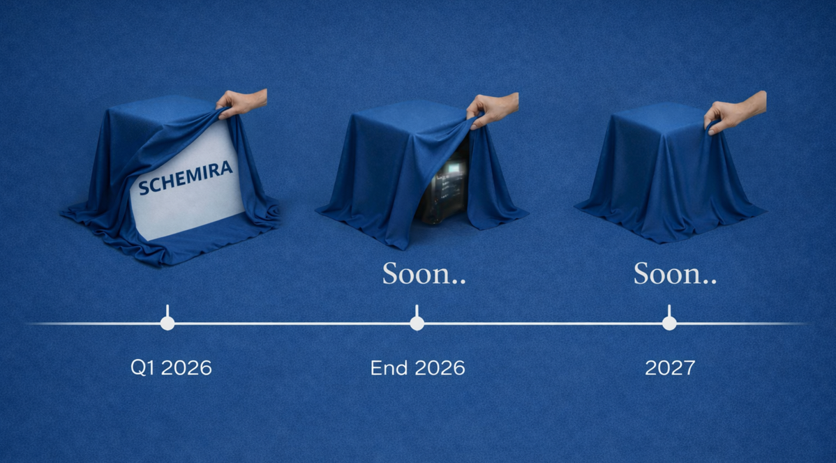 A timeline illustration showing the unveiling of a product or project named 'SCHEMIRA' with three stages: Q1 2026, End 2026, and 2027. The first stage reveals the name, the second shows a file or device being covered, and the third indicates readiness, with the timeline marked 'Soon' at the second and third stages.