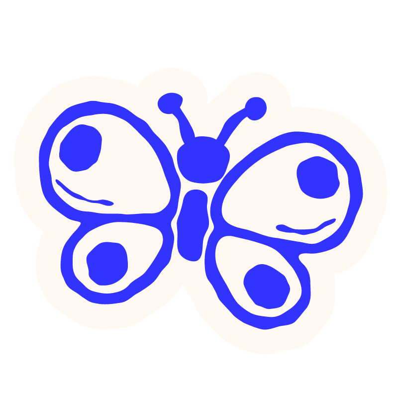 A simple, stylized illustration of a blue butterfly with black outlines and white background.