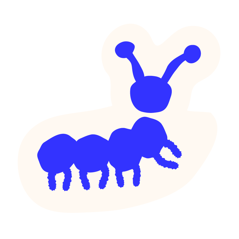 Silhouette of an ant inside an outlined shape resembling a cell or organ, with a large head, antennae, and segmented body.