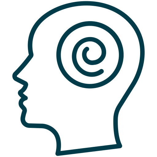 Side profile of a human head with a spiral inside the brain area, representing thinking or mental focus.