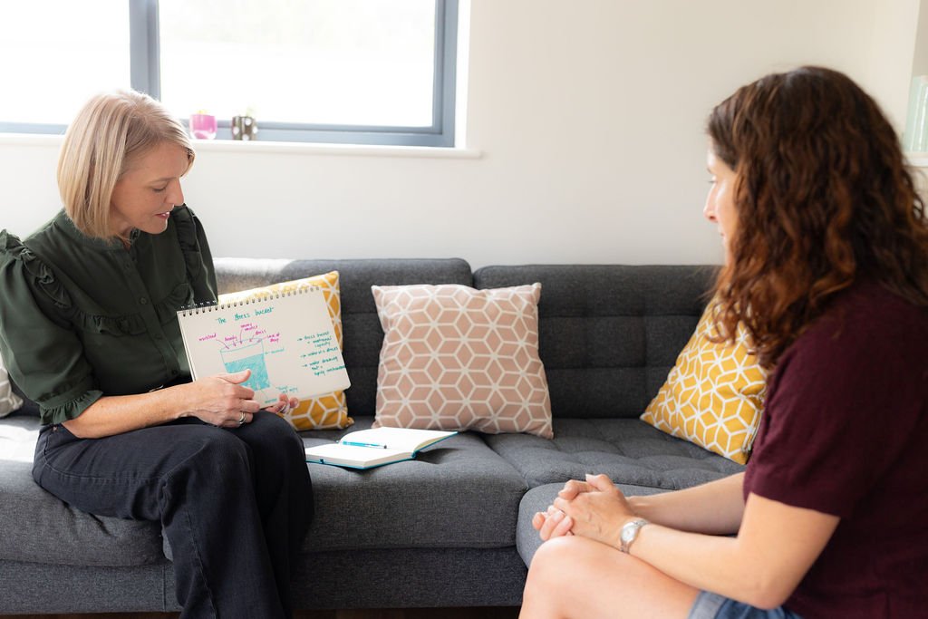 A woman with blond hair holding a notebook with a water cycle diagram, sitting on a gray couch with patterned pillows, and another woman with brown hair sitting across from her in a room with a window.