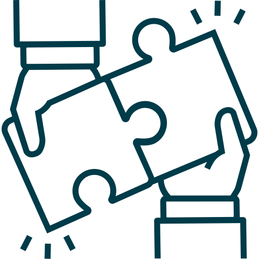Outline drawing of two hands assembling a puzzle of two interlocking puzzle pieces.